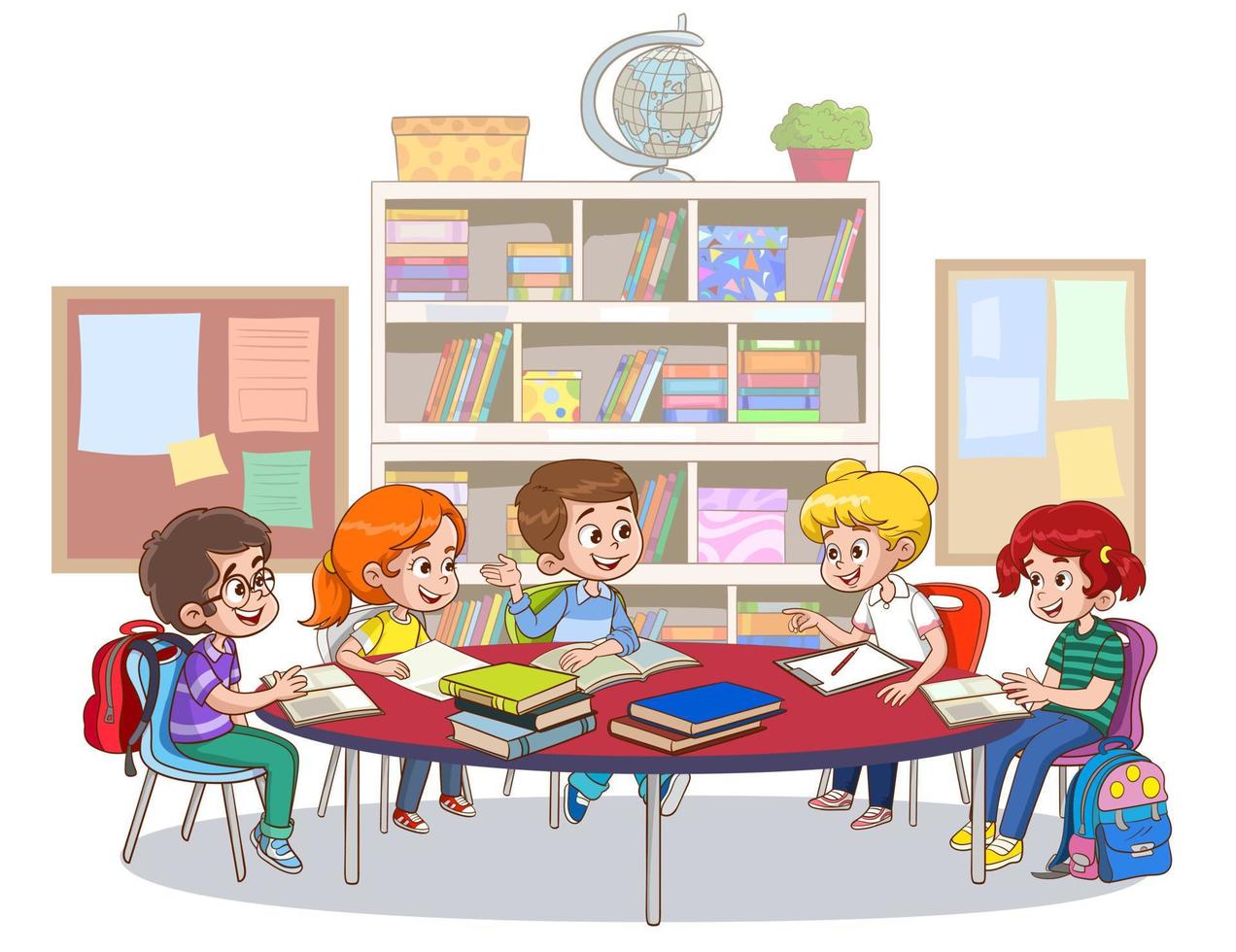 group-of-children-sitting-at-desk-in-school-library-and-studying-together-or-shelves-on-the-background-student-study-group-cartoon-illustration-vector